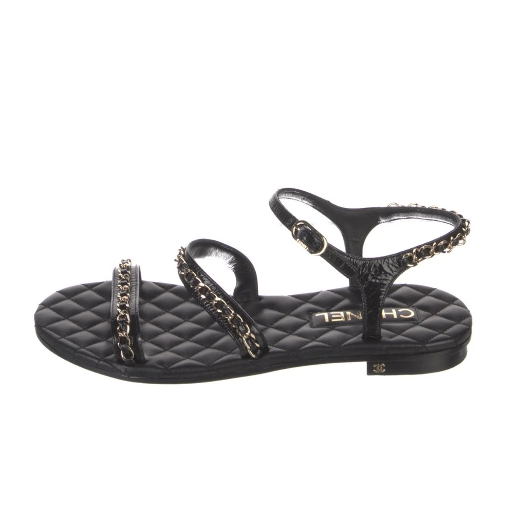 CHANEL Quilted Black Sandals with Gold Chain